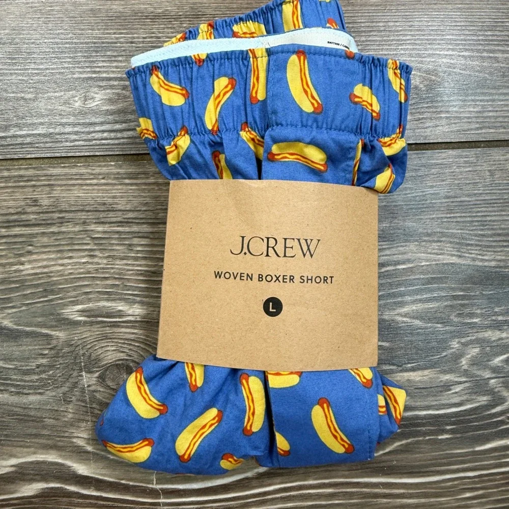 J.Crew Mens L Woven Boxer Short Blue Hot Dog Print Novelty Cotton NWT